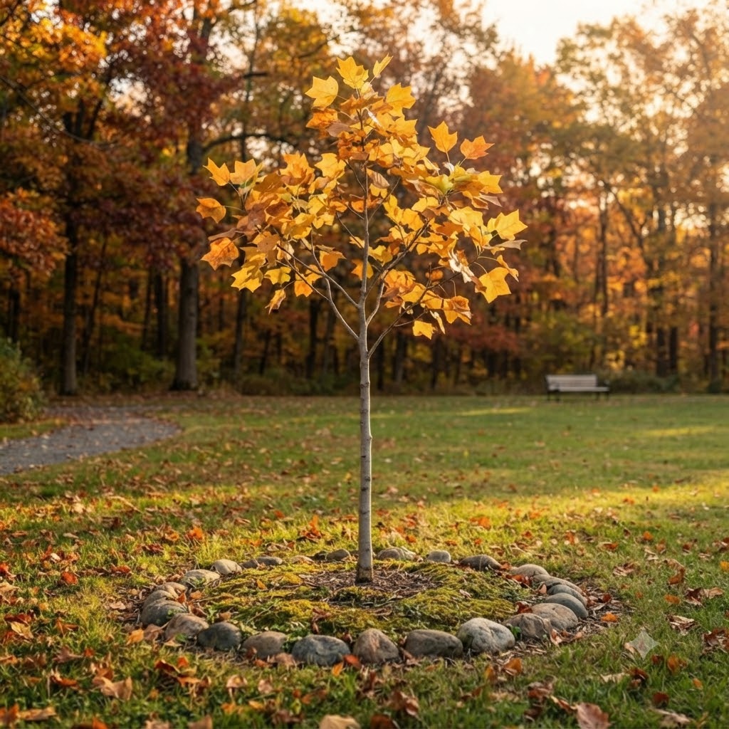 A young tree with bright golden-yellow autumn leaves stands in a grassy park area, surrounded by a ring of stones and fallen leaves, with a forest of orange and brown trees in the background.