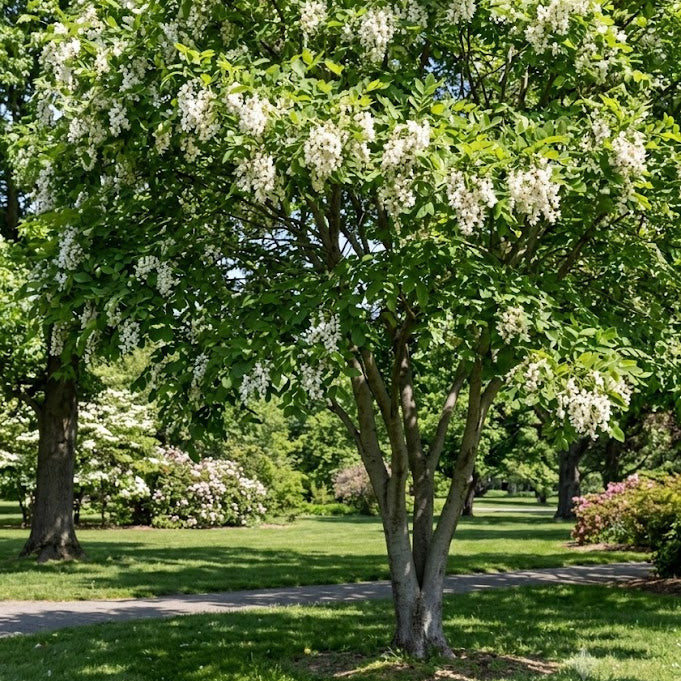 A flowering tree with dense clusters of white blossoms and green foliage, standing in a grassy park with a path and other trees in the background. Yellowwood