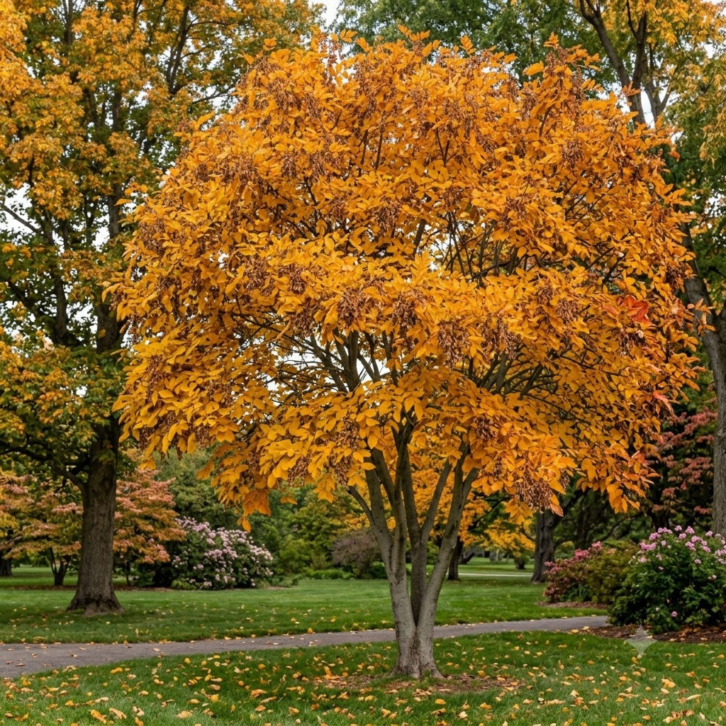 A medium-sized autumn tree with dense, vibrant golden-yellow and orange leaves, situated in a grassy park with other trees and shrubs in the background. Yellowwood. 